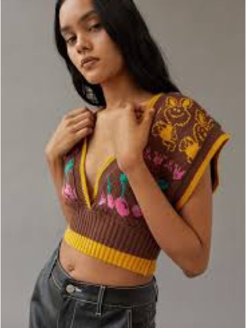 Sold - Brown Knit Floral V-Neck Crop Top with Yellow Trim
